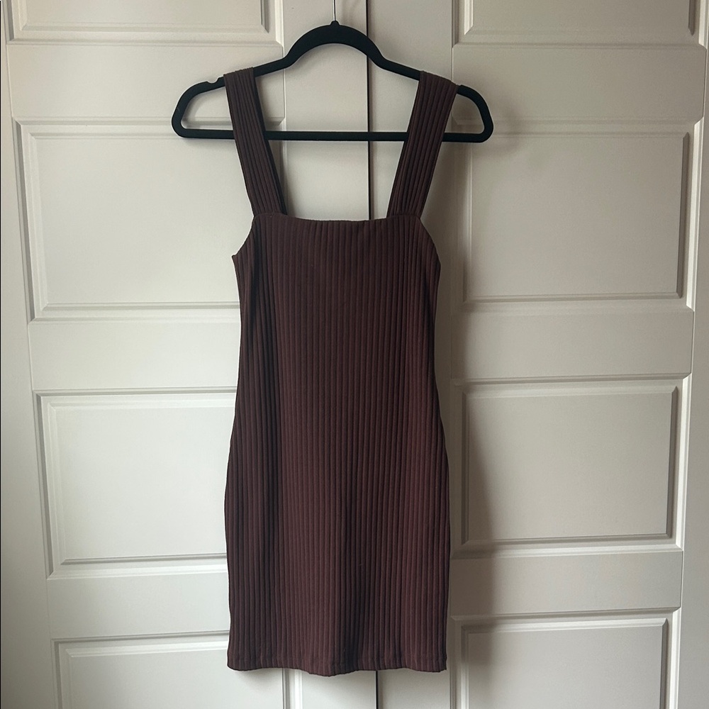 Ribbed Square-Neck Mini Dress in Brown